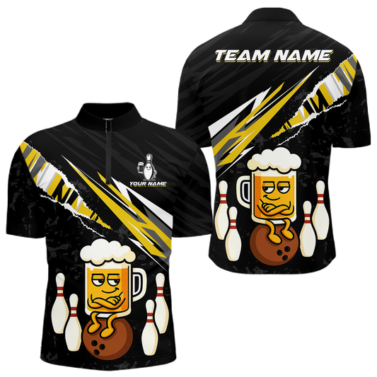 Custom Yellow Funny Beer Bowling Jersey for Men Bowling Team Shirts Polo & 1/4 Zip HNT170