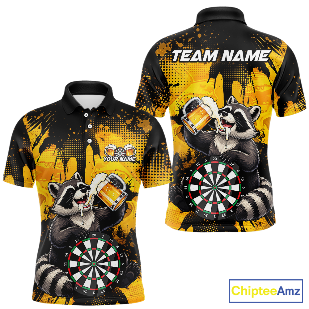 Front and back views of a black and yellow darts polo featuring a raccoon drinking beer, dartboard graphics, and custom team and player name text.