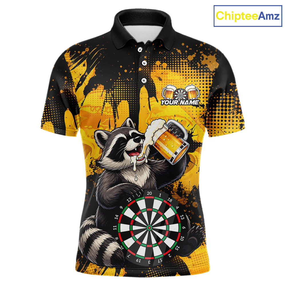 Front views of a black and yellow darts polo featuring a raccoon drinking beer, dartboard graphics, and custom team and player name text.
