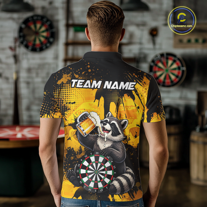 Person wearing a black and yellow darts quarter zip featuring a raccoon drinking beer, dartboard graphics, and custom team and player name text.