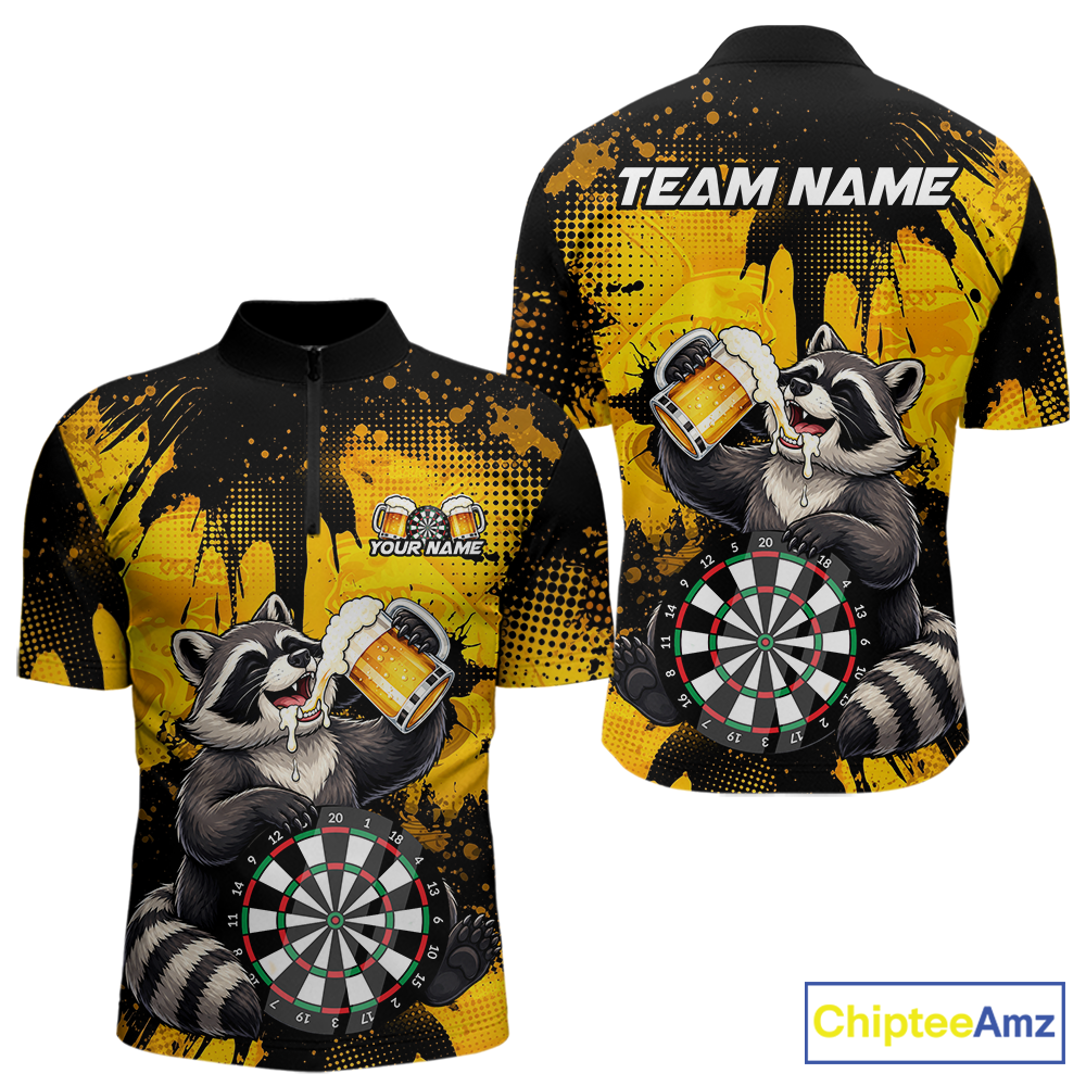 Front and back views of a black and yellow darts quarter zip featuring a raccoon drinking beer, dartboard graphics, and custom team and player name text.