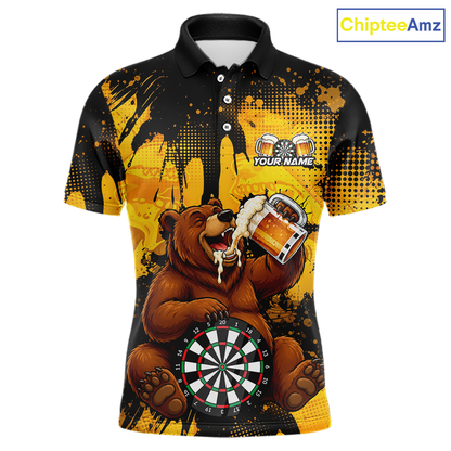 Polo shirt with bear holding a beer mug and dartboard design, brand 'ChipteeAmz' visible.