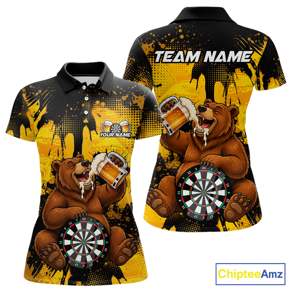Front and back views of a black and yellow darts polo featuring a bear drinking beer, dartboard graphics, and custom team and player name text.