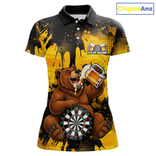 Load image into Gallery viewer, Polo shirt with bear holding a beer mug and dartboard design on a yellow and black background, brand 'ChipteeAmz' visible.