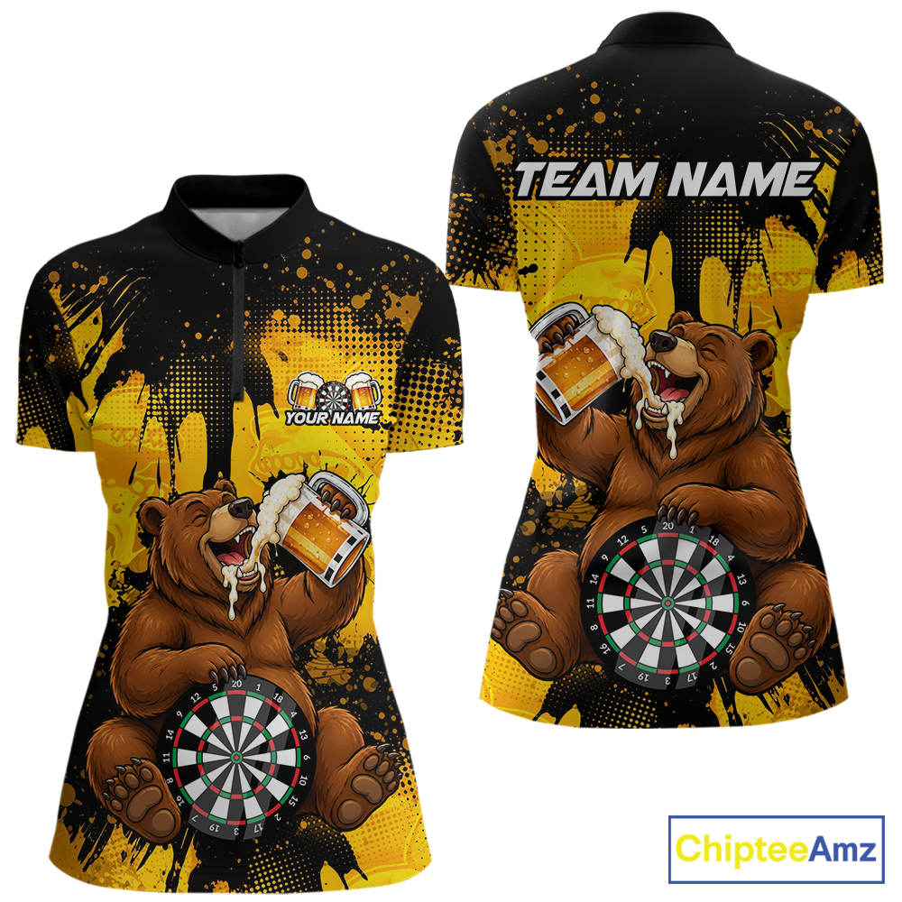 Front and back views of a black and yellow darts quarter zip featuring a bear drinking beer, dartboard graphics, and custom team and player name text.