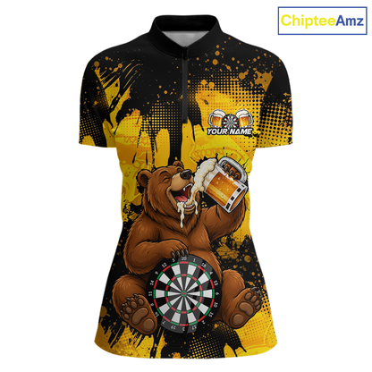 Polo shirt with bear holding a beer and dartboard design, brand 'ChipteeAmz' visible.