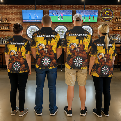 Four people wearing black and yellow darts polo featuring a bear drinking beer, dartboard graphics, and custom team and player name text.