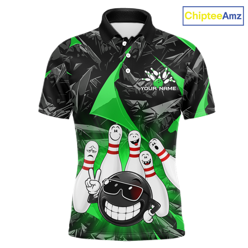 A short-sleeve polo shirt with a black and green geometric pattern, featuring bowling-themed cartoon graphics including bowling pins, a bowling ball, and the text 'YOUR NAME' on the chest. A 'ChipteeAmz' logo is visible in the top right corner.