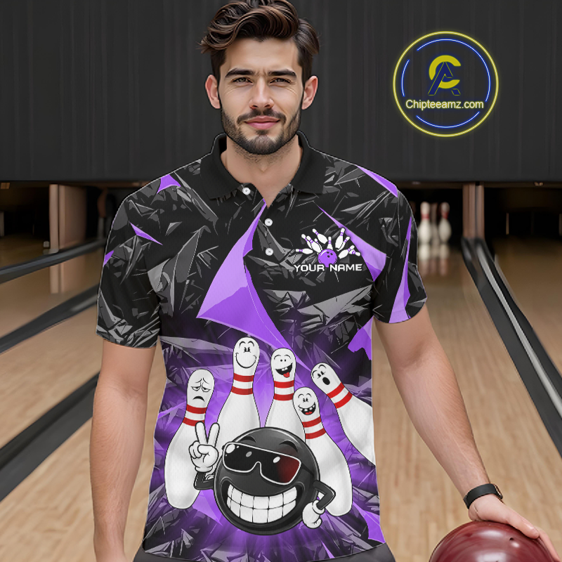 A man wearing a black and purple bowling-themed polo shirt with cartoon bowling pins and a bowling ball graphic, standing in a bowling alley holding a bowling ball. A circular 'Chipleamz.