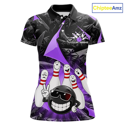 A women's short-sleeve polo shirt with a bowling-themed all-over print. The design features a black and purple background with cartoon bowling pins, a bowling ball character, and a white placeholder logo that reads 'YOUR NAME' with 'ChipteeAmz' in the top right corner.