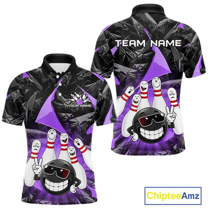 Front and back views of a custom bowling-themed short-sleeve polo shirt. The shirt features a black and purple geometric background with cartoon bowling pins and a bowling ball character wearing sunglasses.