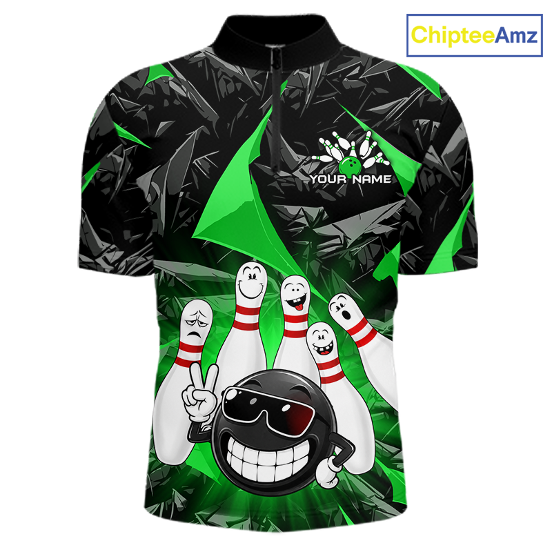 A short-sleeve bowling-themed polo shirt with a black and green geometric pattern, featuring cartoon bowling pins, a bowling ball character, and a customizable name patch on the chest. The ChipteeAmz logo is visible in the top right corner.
