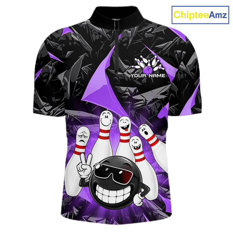 A short-sleeve bowling-themed t-shirt with a black and purple abstract background, featuring cartoon bowling pins, a bowling ball with sunglasses, and the text 'YOUR NAME' on the chest. The ChipteeAmz logo is visible in the top right corner.