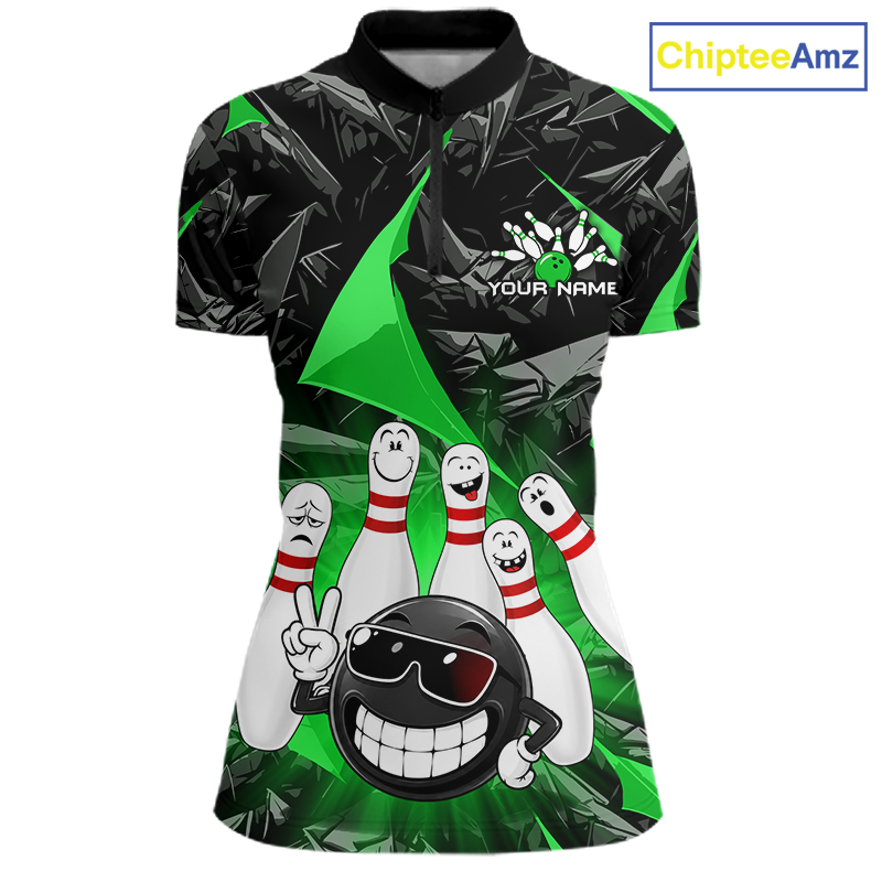 A women's short-sleeve polo shirt with a bowling-themed graphic print. The design features a black and gray geometric pattern on the upper chest and shoulders, transitioning to a vibrant green lower section with cartoon bowling pins and a bowling ball character wearing sunglasses.