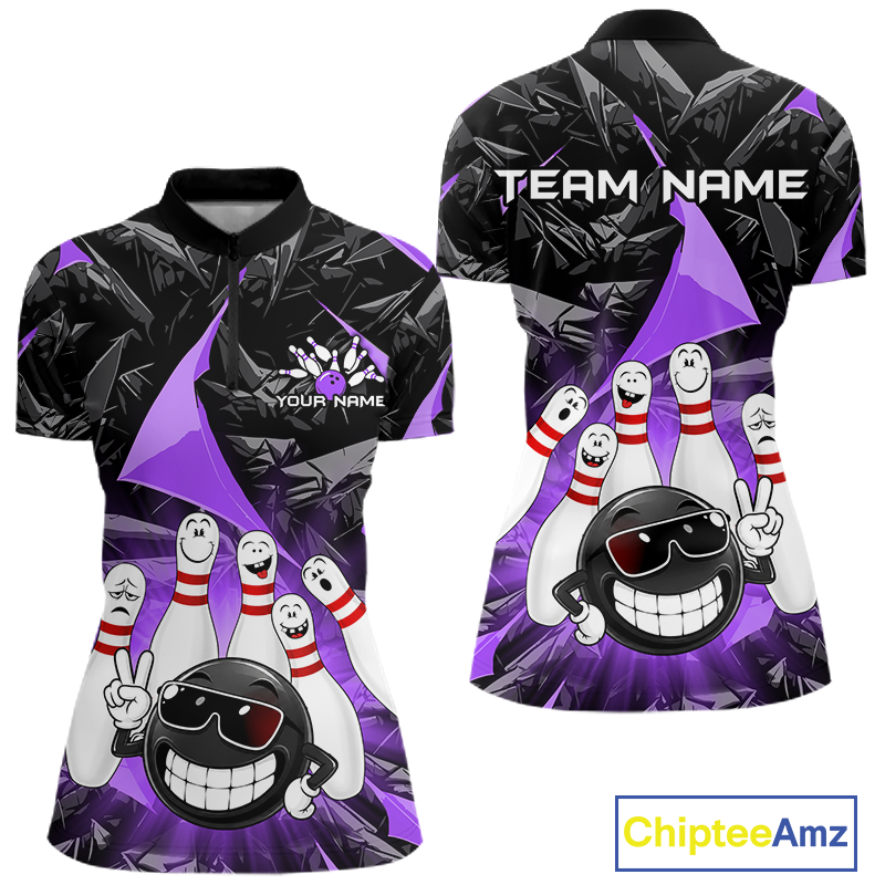 Custom bowling-themed short-sleeve polo shirt shown from the front and back. The design features a black and purple geometric background with cartoon bowling pins and a smiling bowling ball wearing sunglasses.