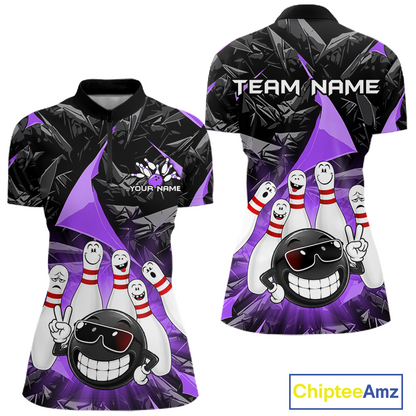 Custom bowling-themed short-sleeve polo shirt shown from the front and back. The design features a black and purple geometric background with cartoon bowling pins and a smiling bowling ball wearing sunglasses.