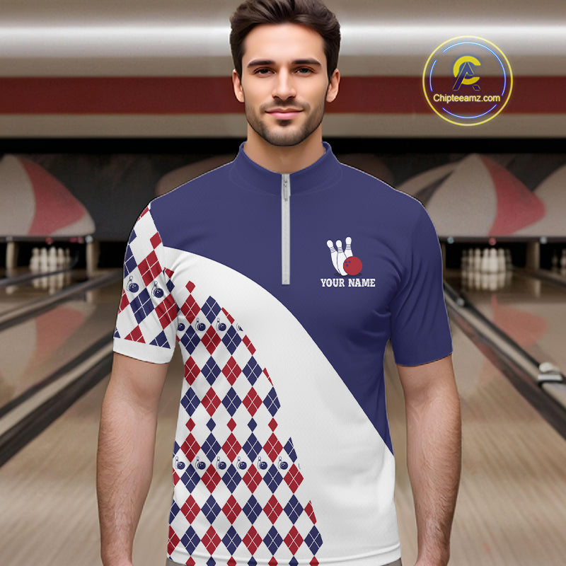 Custom Blue Red Argyle Pattern Bowling Jersey for Men Bowling Team Shirts Polo & 1/4 Zip HNT499