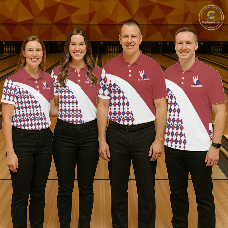 Custom Red White Argyle Pattern Bowling Jersey for Men Bowling Team Shirts Polo & 1/4 Zip HNT499
