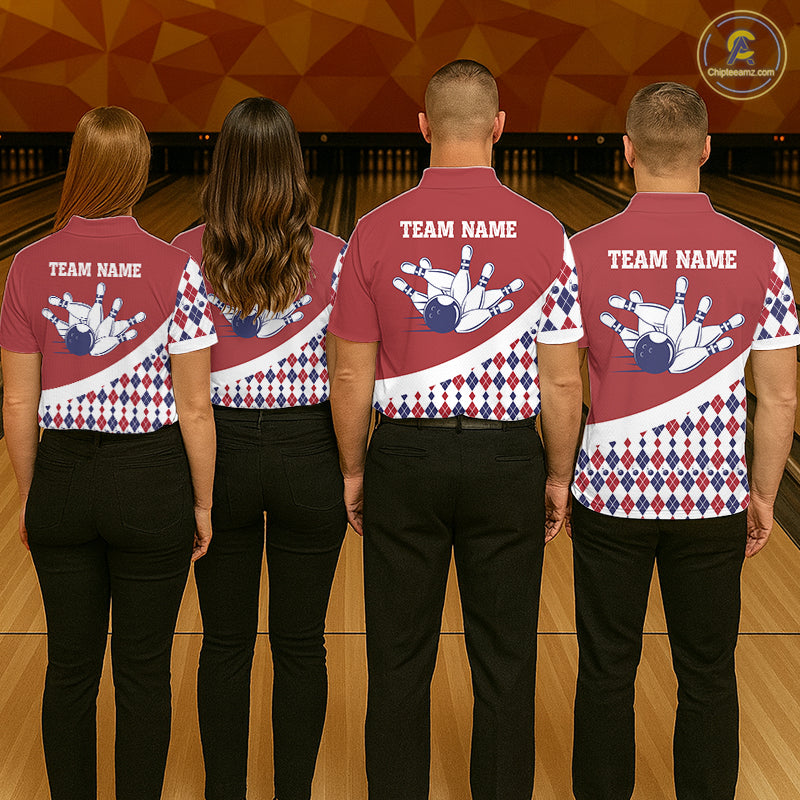 Custom Red White Argyle Pattern Bowling Jersey for Women Bowling Team Shirts Polo & 1/4 Zip HNT499