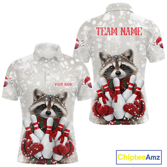 Custom Funny Raccoon Christmas Bowling Jersey for Men Polo & 1/4 Zip Bowling Team Shirts HNT582