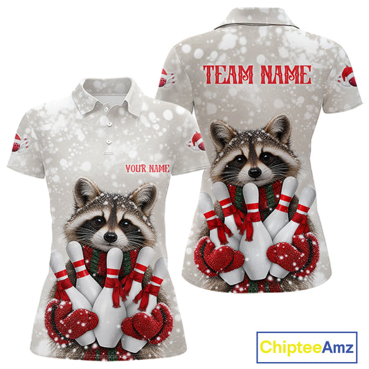 Custom Funny Raccoon Christmas Bowling Jersey for Women Polo & 1/4 Zip Bowling Team Shirts HNT582