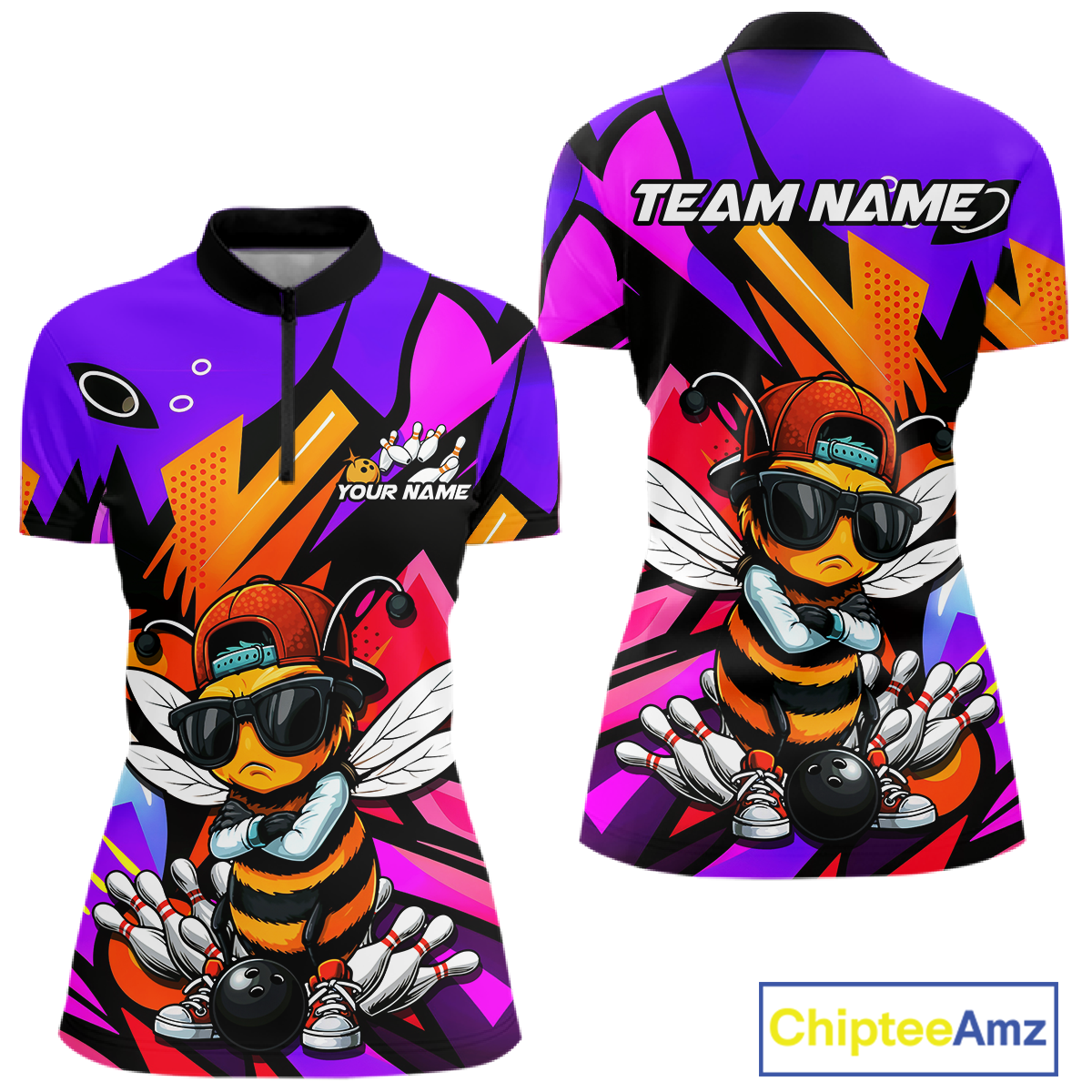 Custom Funny Bee Graffiti Pattern Bowling Jersey for Women Bowling Team Shirts Polo & 1/4 Zip HNT174