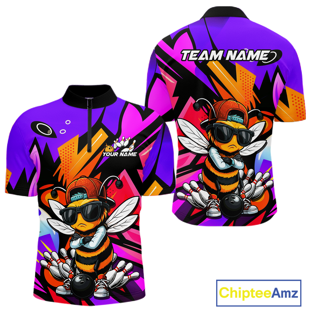 Custom Funny Bee Graffiti Pattern Bowling Jersey for Men Bowling Team Shirts Polo & 1/4 Zip HNT174
