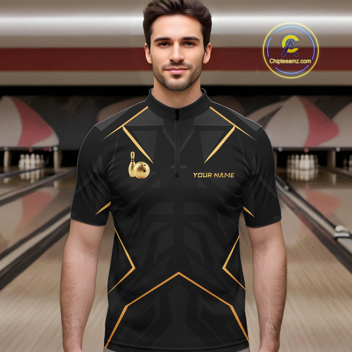 Custom Black and Gold Bowling Jersey for Men Bowling Team Shirts Bowling League Polo & 1/4 Zip HNT175