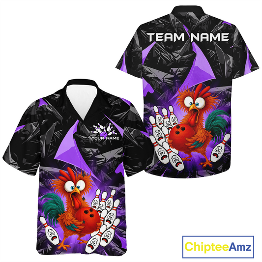 Custom Purple Funny Chicken Hawaiian Bowling Jersey for Men Women Bowling Team Shirts HNT138
