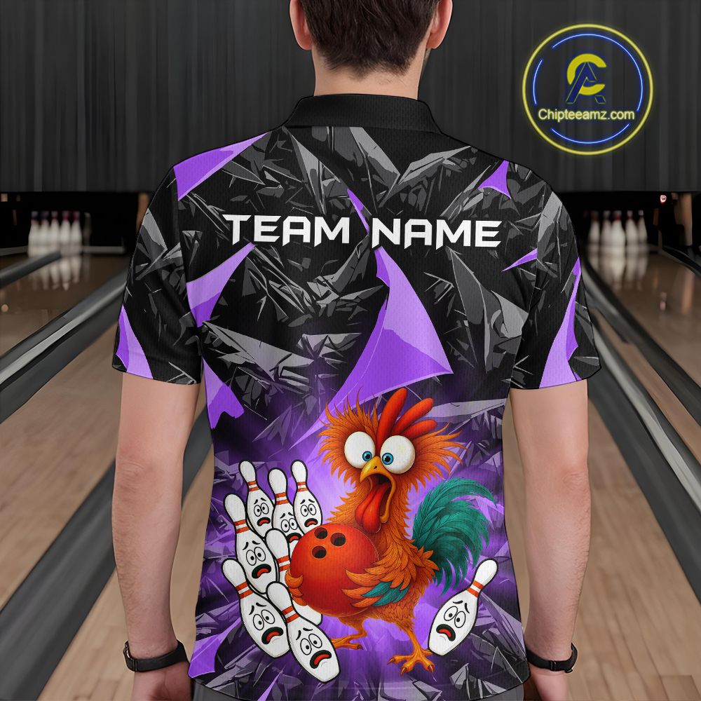 Custom Purple Funny Chicken Bowling Jersey for Men Bowling Team Shirts  Polo & 1/4 Zip HNT138