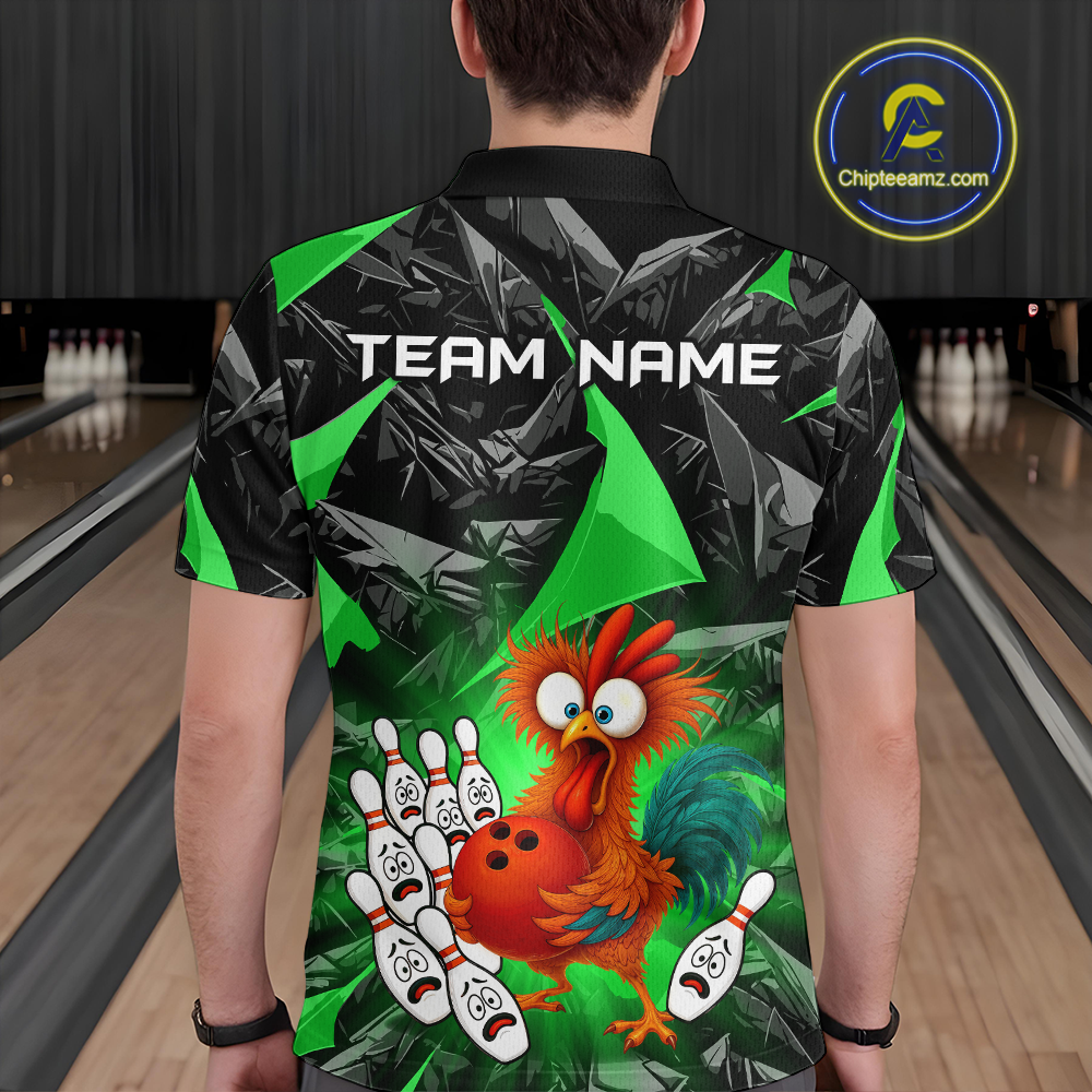 Custom Green Funny Chicken Bowling Jersey for Men Bowling Team Shirts  Polo & 1/4 Zip HNT138