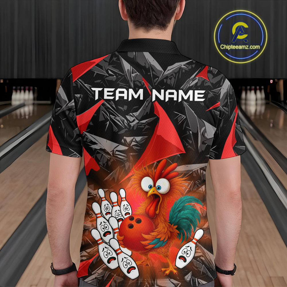 Custom Red Funny Chicken Bowling Jersey for Men Bowling Team Shirts  Polo & 1/4 Zip HNT138