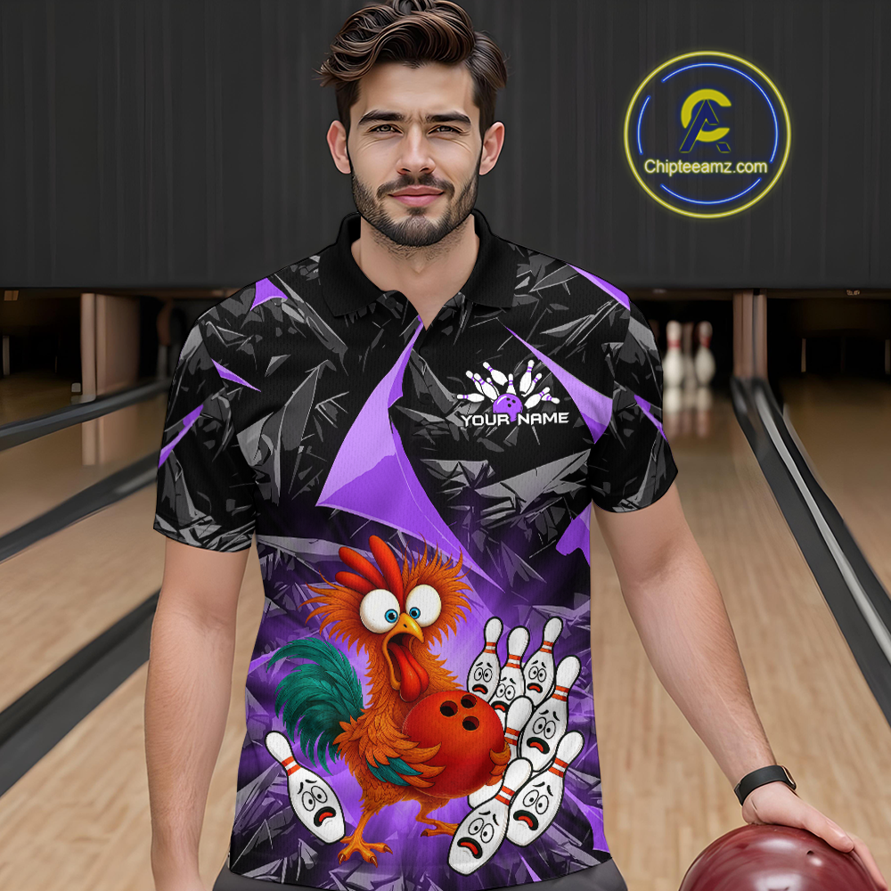 Custom Purple Funny Chicken Bowling Jersey for Men Bowling Team Shirts  Polo & 1/4 Zip HNT138