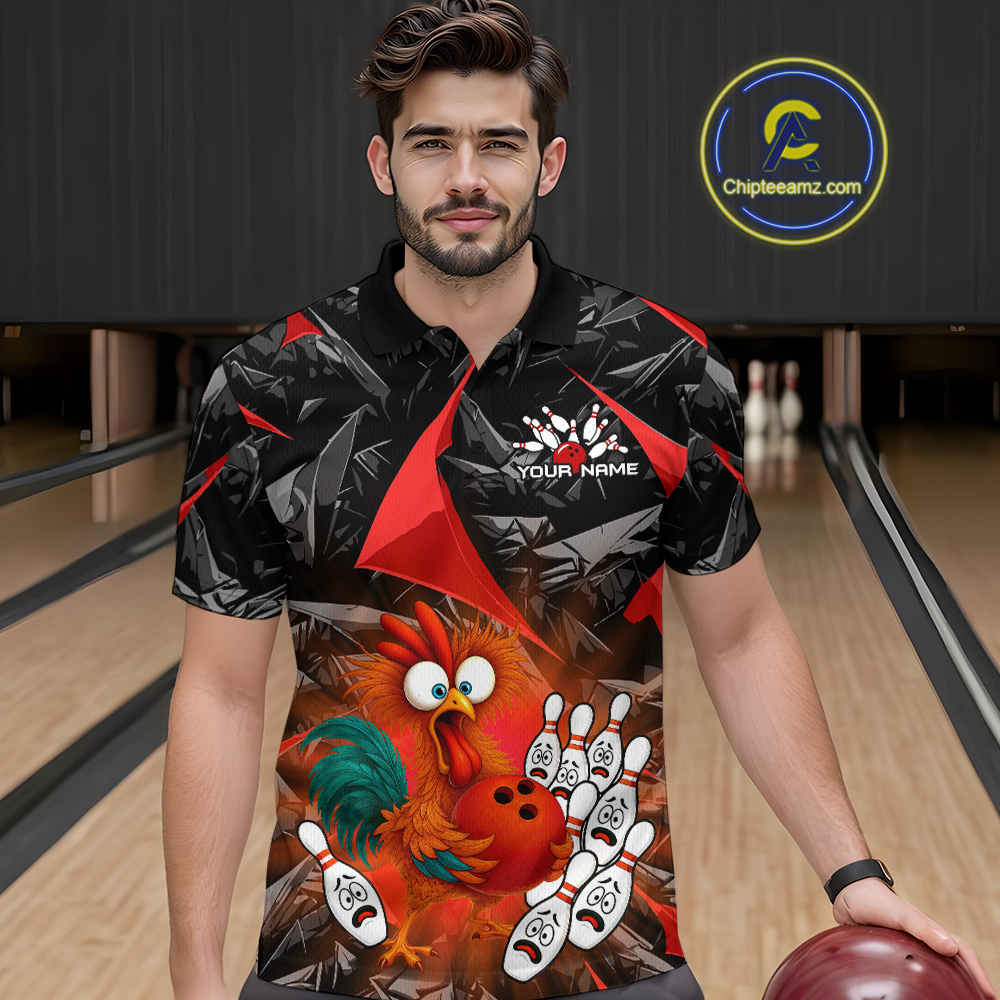 Custom Red Funny Chicken Bowling Jersey for Men Bowling Team Shirts  Polo & 1/4 Zip HNT138