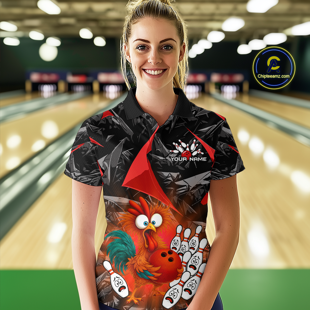 Custom Red Funny Chicken Bowling Jersey for Women Bowling Team Shirts Polo & 1/4 Zip HNT138