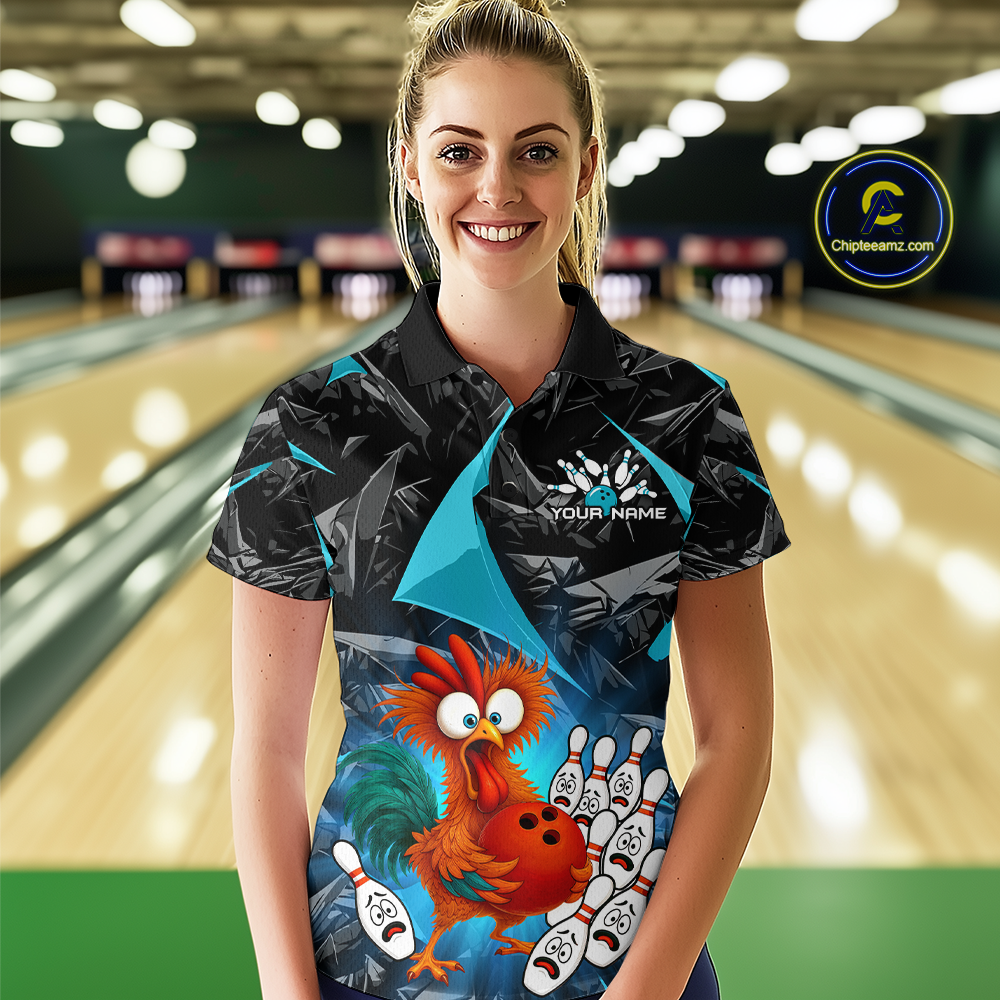 Custom Turquoise Funny Chicken Bowling Jersey for Women Bowling Team Shirts Polo & 1/4 Zip HNT138