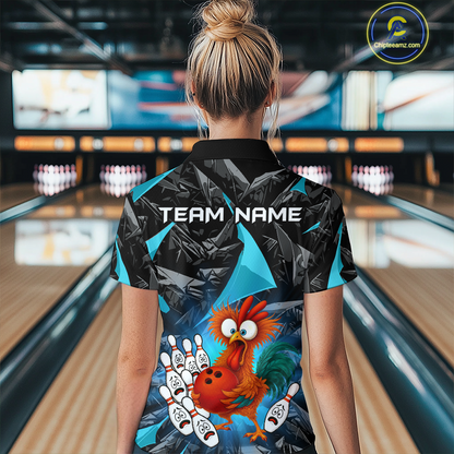 Custom Turquoise Funny Chicken Bowling Jersey for Women Bowling Team Shirts Polo & 1/4 Zip HNT138