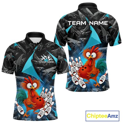Custom Turquoise Funny Chicken Bowling Jersey for Men Bowling Team Shirts  Polo & 1/4 Zip HNT138