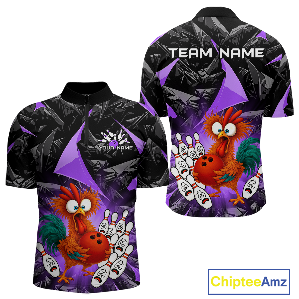 Custom Purple Funny Chicken Bowling Jersey for Men Bowling Team Shirts  Polo & 1/4 Zip HNT138