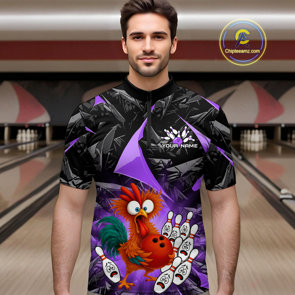 Custom Purple Funny Chicken Bowling Jersey for Men Bowling Team Shirts  Polo & 1/4 Zip HNT138