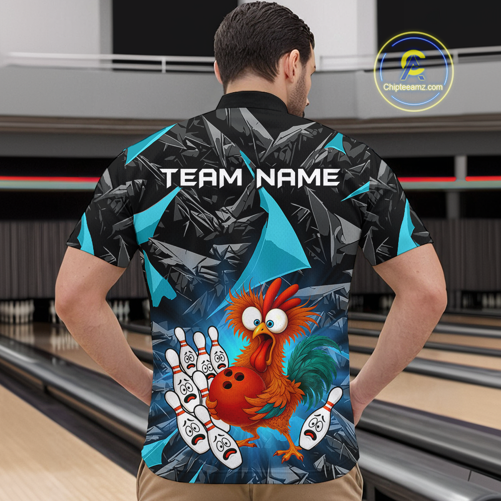 Custom Turquoise Funny Chicken Bowling Jersey for Men Bowling Team Shirts  Polo & 1/4 Zip HNT138