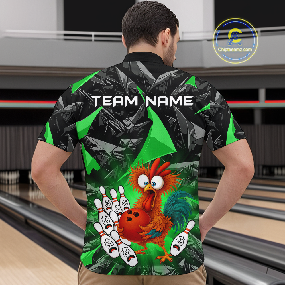 Custom Green Funny Chicken Bowling Jersey for Men Bowling Team Shirts  Polo & 1/4 Zip HNT138