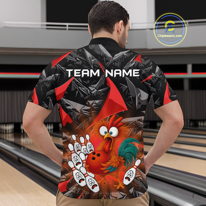 Custom Red Funny Chicken Bowling Jersey for Men Bowling Team Shirts  Polo & 1/4 Zip HNT138