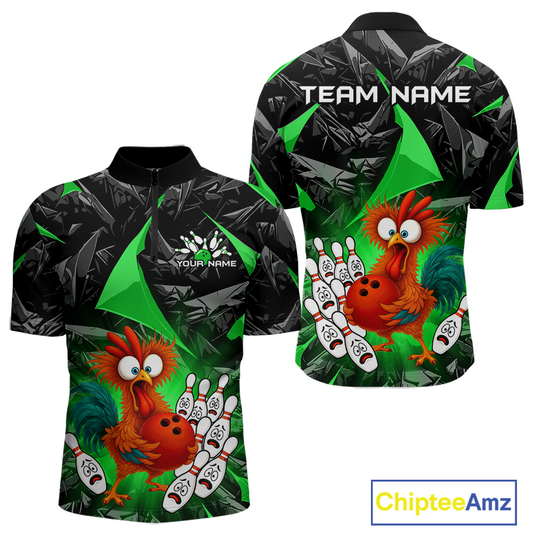 Custom Green Funny Chicken Bowling Jersey for Men Bowling Team Shirts  Polo & 1/4 Zip HNT138