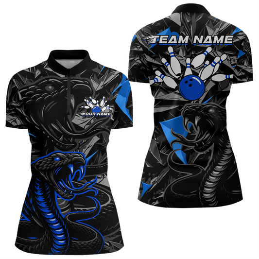 Custom Blue Cobra Snake Bowling Jersey for Women Bowling Team Shirts Polo & 1/4 Zip HNT137