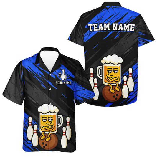 Custom Blue Funny Beer Hawaiian Bowling Jersey Bowling Uniform Bowling Team Shirts HNT107