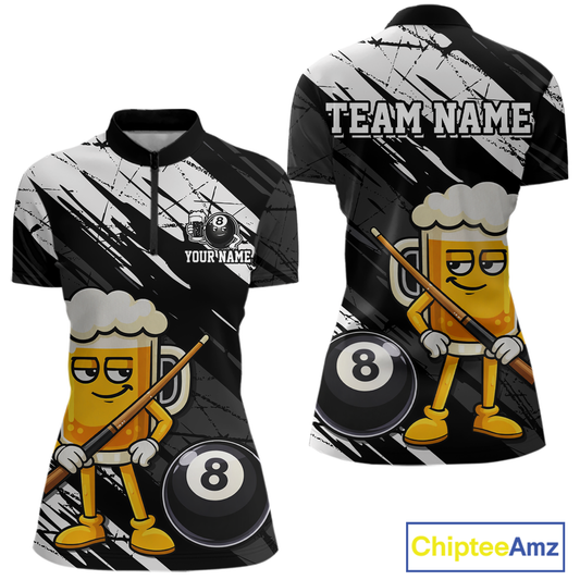 Custom Funny Black Beer 8 Ball Pool Women Billiard Polo & 1/4 Zip, Billiard Shirt, Billiard Team Jerseys NNT146