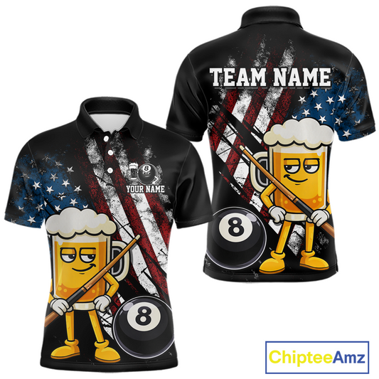 Custom Funny US Flag Beer 8 Ball Pool Men Billiard Polo & 1/4 Zip, Billiard Shirt, Billiard Team Jerseys NNT146