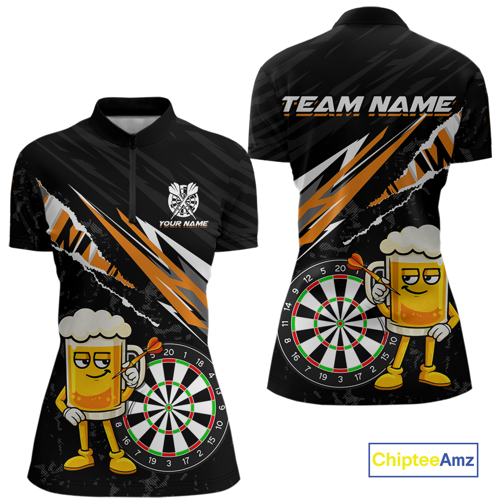 Custom Orange Funny Beer Dart Shirts for Women Darts Team Jerseys Dart Tournament Polo & 1/4 Zip NNT139