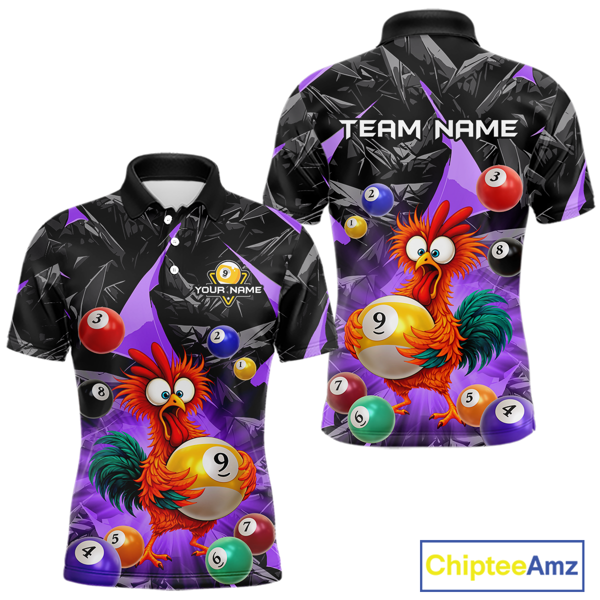 Custom Funny Purple Chicken 9 Ball Pool Billiard Shirt for Men Polo & 1/4 Zip, Billiard Team Jerseys NNT157